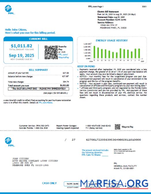 Downloadable USA FPL utility bill template in Word and PDF formats, version 4